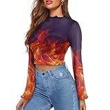 Jndtueit Flame Women's Lettuce Trim Bell Sleeve Mesh Crop Tee Top Flare Long Sleeve T Shirt Short Sexy Tops Ruffle Flowy Tops for Girls