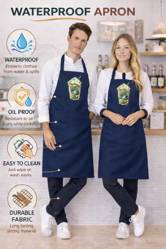 Image of Waterproof Printed Kitchen Apron for Women & Men, Adjustable Neck Cooking Apron with Front Pocket, Oil & Stain Resistant Apron for Cooking, Baking & Kitchen Use