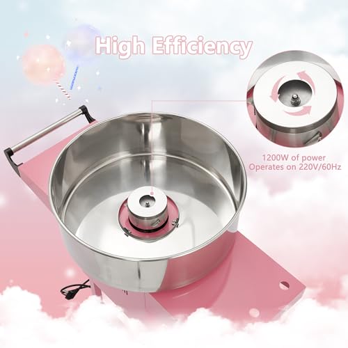 Electric Cotton Candy Maker Commercial With Cart, Cotton Candy Machine for Kids with 20 inch Stainless Steel Bowl for Family, Party, Amusement Park, Carnival- Pink