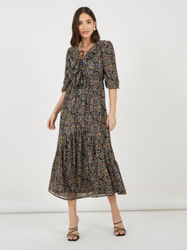 Image of Styli Women Printed Ruffle Neck Puff | Sleeves A-Line Maxi Dress | Stylish One Piece Dress for Party, Casual & Evening Outfits