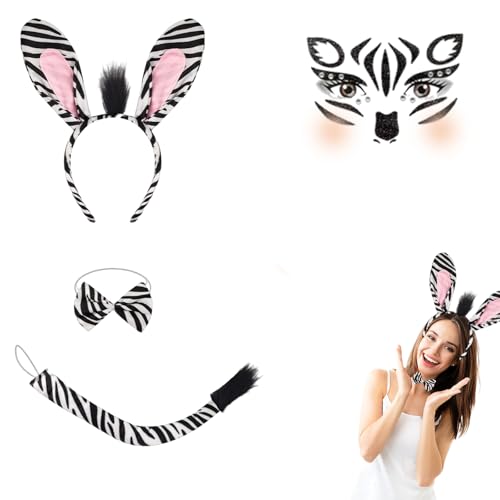 LZPLJLWS Costume Animalier zèbre pour Femmes et Filles, avec Bandeau, nœud Papillon, Queue et Autocollant Visage, Mignon et Confortable, idéal pour Les...