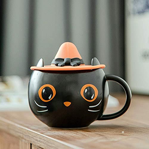Xícara de chá, presentes de Halloween, xícara de gato preta com tampa de bruxa, caneca de café de ce