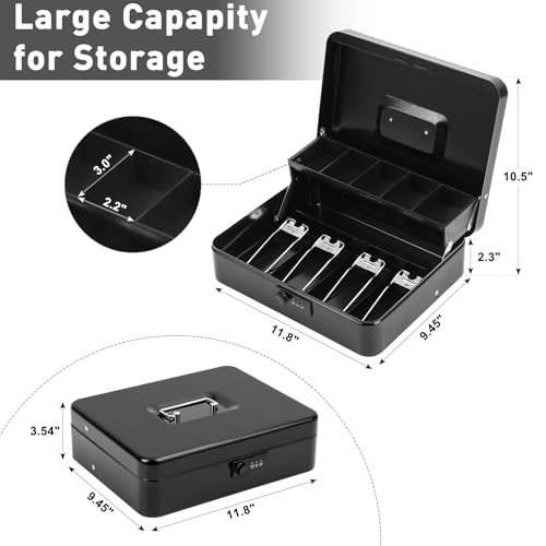 Image of KYODOLED Metal Cash Box with Combination Lock & Spring-Loaded Bill Clips, 5-Compartment Cantilever Coin Tray, Portable Safe for Yard Sales /Craft Fairs /Small Businesses, 11.81 inchx9.45 inchx3.54 inch, Black