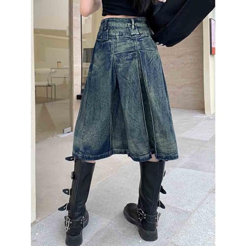 American Distressed Denim Skirt, Washed Pleated Skirt, high Street Loose fit, Oversized A-line mid Length Skirt3