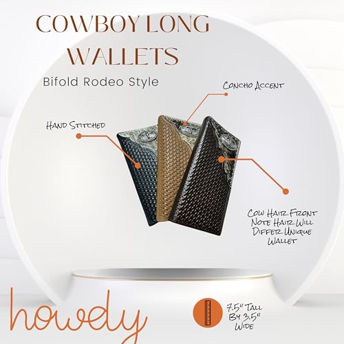 Western Long Leather Wallet for Men – Basketweave Tooled with Cowhair Inlay and Large Longhorn Concho – Cowboy Rodeo Style4