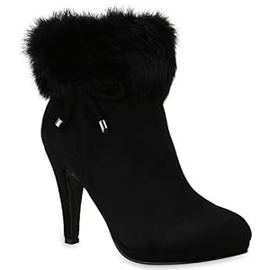 stiefelparadies Leicht Gefütterte Damen Schuhe High Heels Stiefeletten Stiletto Boots 147823 Schwarz Echtfell 41 Flandell