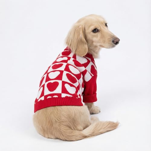 Image of Fitwarm Checkered Heart Dog Sweater, Cozy Valentines Outfit for Small Dogs Girl, Festive Pet Clothes, Red, White, XS