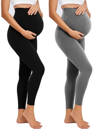 Ridshy 2 Pack Maternity Leggings Over The Belly Womens Pregancy Yoga Pants High Waisted Workout Leggings Activewear Maternity Clothes Black/Grey M