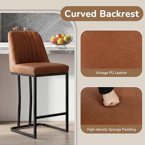 Image of LSSBOUGHT Counter Height Bar Stools Set of 4,24'' Upholstered Padded Bar Chairs with Black Metal Iron Frame,Faux Leather Island Chairs(Brown, 4pcs)