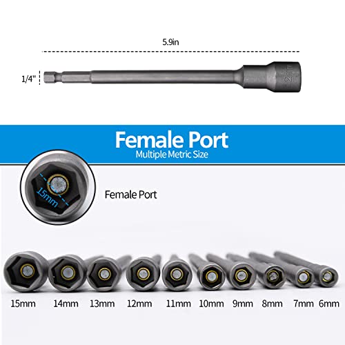 Impact Nut Driver Set, 10Pcs 1/4”×6“ Magnetic Impact Nut Driver Bits, 6Mm-15Mm Metric Size Hex Shank Nut Drivers With Quick Change Groove For Electric Hand Drill Lithium Drill Pneumatic Screwdriver #TOP1