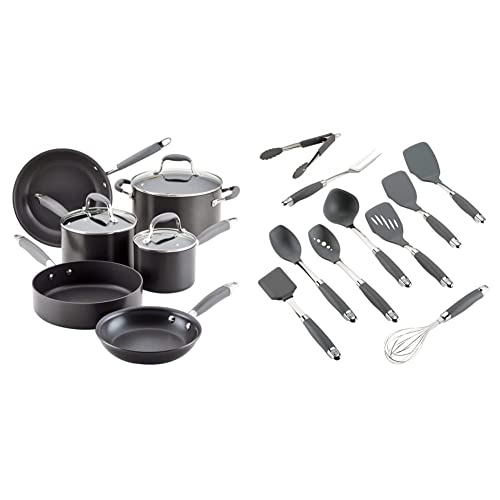 Anolon Advanced Hard Anodized Nonstick Cookware/Pots and Pans Set, 9 Piece - Gray & 10-Piece Nylon Mixed Tool Set, Graphite