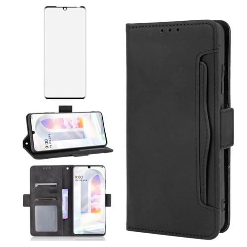 Asuwish Handyhülle für LG Velvet 5G/4G Hülle mit Glas Folie Schutzfolie Kartenfach Klappbar Leder Geldbörse Ständer Handyhüllen LMG910EMW LM-G910EMW Handy Hüllen Schutzhülle Cover Phone Case Schwarz