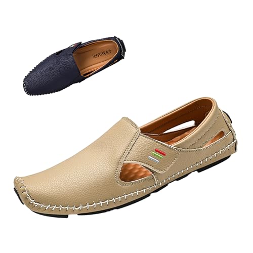 Men's Summer Slip On Driving Loafers,Lightweight Comfy Cutout Leather Hand-Stitching