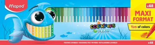 Maped Feutres, thème Océan, 48 pièces, paquet taille XXL, 1/5 m, pointe moyenne de 2 mm, parfait pour dessin et peinture, pointe résistante (non bloqué), couleurs vives, emballage réutilisable