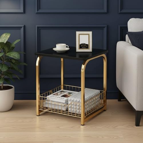 Image of Coffee Table Side Table, MDF Metal, with Storage Basket for Living Bedroom | Side End Table for Living Room, Bedroom, Office (Gold Black)