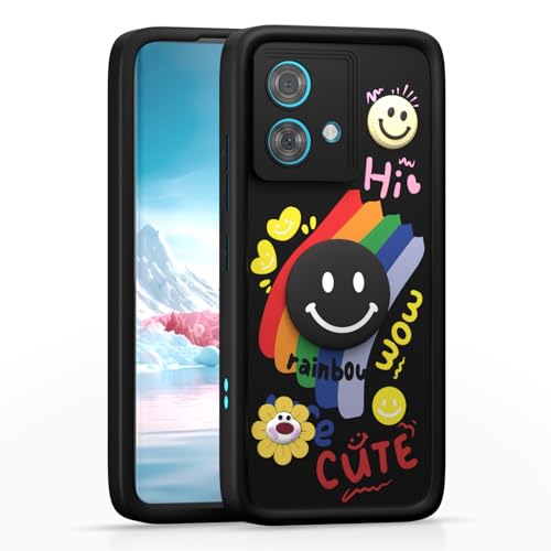 Image of Pikkme Back Cover for Motorola Moto Edge 40 Neo 5G | Soft Silicone| Cute Rainbow Smile & 3D Cartoon Flower Design | Shockproof Raised Camera Protection Bumper Case (Black)