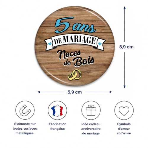 Badgmania Magnet Aimant 5 Ans de Mariage – Noces de Bois – Idée Cadeau Original Couple – Aimant Réfrigérateur Souvenir – Fabriqué en France – Ø 59 mm – vue 3