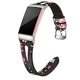 Maledan Compatible with Fitbit Charge 3 Bands for Women Men, Slim Genuine Leather Band Replacement Accessories Strap for Charge 3 and Charge 3 SE, Small, Black/Red Floral