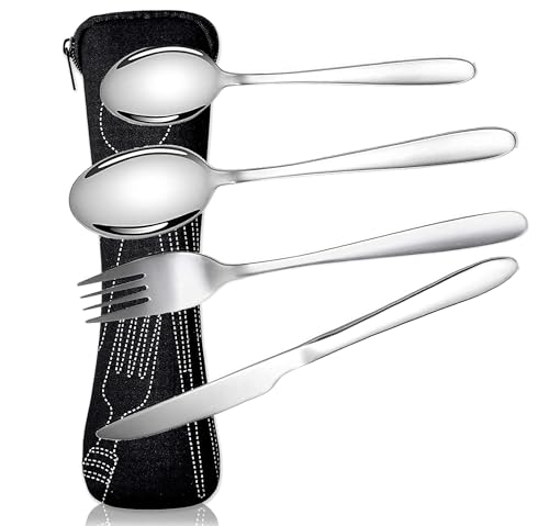 Cutlery Set with Portable Pouch Case, 4 Pcs Stainless Steel Flatware Camping Utensil Set with Portable Pouch – Camping, Travel, Outdoor Dining, Picnic Accessories