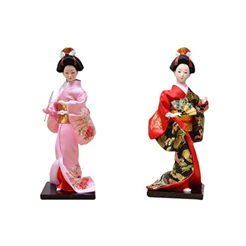 Gazechimp 2X 27cm Japanese Kimono Geisha Doll, Oriental Ancient Resin Figurine Handcrafted for Desk Restaurant Office Bookshelf Decoration, Red Pink