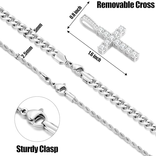 Fiusem Layered Cross Necklace for Men, Silver Tone/14K Gold Plated Mens Necklace Chain with Cubic Zirconia Cross Pendant, Stainless Steel Cuban and Rope Chain - Image 5