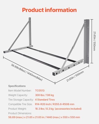 VEVOR Wall Mounted Folding Tire Rack, 32" - 48" Adjustable Tire Rack, Q235 Heavy-Duty Steel Tire Storage Rack for R14-R20 inch Standard Tires, Max 300lbs Load Capacity for Garage Workshop Repair Shop — view 6