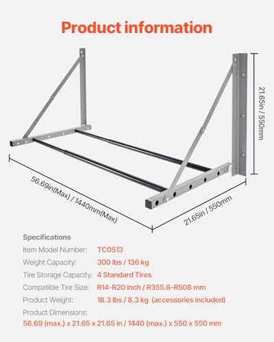 VEVOR Reifenregal Reifenständer Garagenregal zur Wandmontage 812-1219 mm verstellbar, Q235 Hochleistungs-Reifenlagerregal aus Stahl für Standardreifen (R355,6 bis R508 mm), max. Tragkraft 136 kg