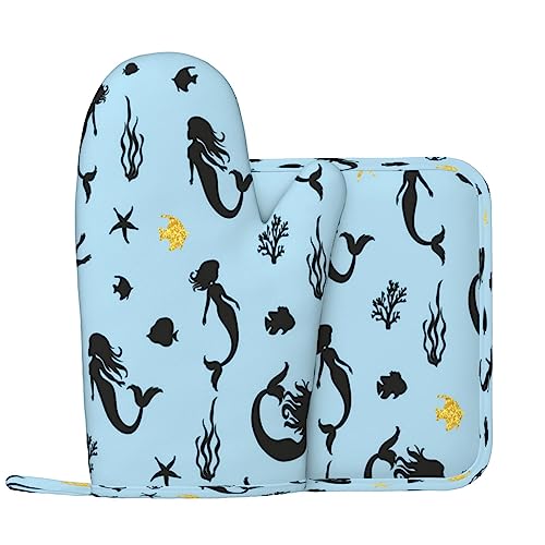 Colored Mermaid Oven Mitts And Pot Holders Heat Resistant 2Pcs Set Bbq Gloves And Pads For Cooking Baking Grilling #TOP13