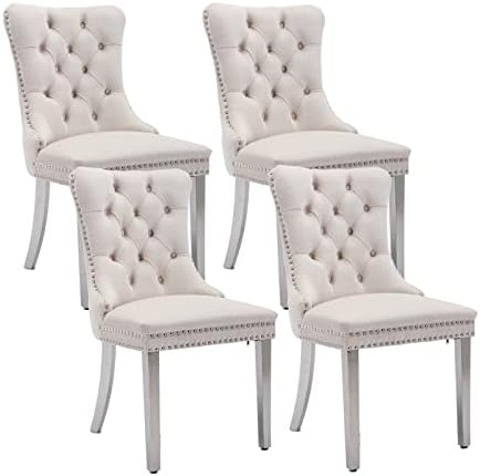 Dining Room Chairs Set of 4, Velvet Upholstered Dining Chairs with Back Ring Pull Trim and Sliver Stainless Steel Legs,Modern Dining Chair Perfect for Dining Room,Living Room,Kitchen(Beige)