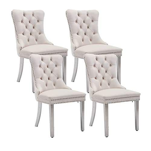 Dining Room Chairs Set Of 4, Velvet Upholstered Dining Chairs With Back Ring Pull Trim And Sliver Stainless Steel Legs,Modern Dining Chair Perfect For Dining Room,Living Room,Kitchen(Beige) #TOP2