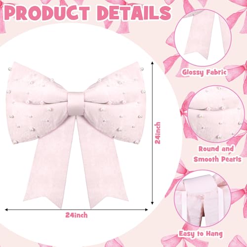 Gejoy 24 Inch Pink Christmas Giant Bow with Pearl Oversized Pearl Satin Bow Xmas Elegant Decoration for Christmas Tree Decorations Holiday Party Front Door Patio Outdoor Decor by Gejoy - Image 2