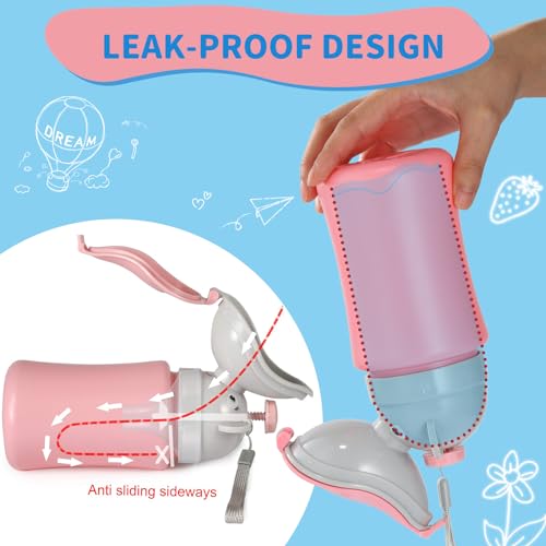 Image of ONEDONE Portable Urinal for Kids 17 OZ Pee Bottle with Clean Brush Travel Urinal for Kids Baby Child Pee Cup for Girls Emergency Toilet for Camping Car Travel and Kid Potty Training (Pink)
