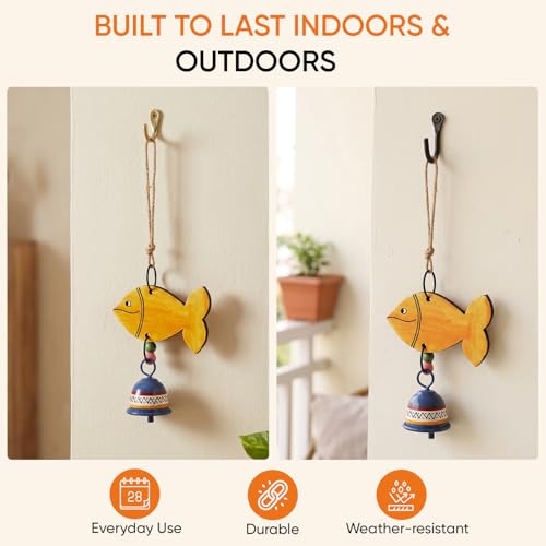 Image of Aakriti Art Creations Handpainted Orange Fish Wind Chime | Handmade Wooden & Metal Wind Chime | Matte Decorative Wind Chimes for Balcony, Garden & Home, Living Room & Gifting