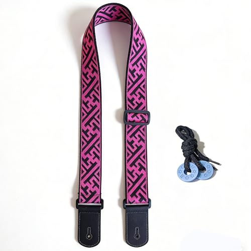LUNIFY Guitar Strap, dopamine rose red youth modern fashion Cotton Guitar Strap with leather at both ends for bass, electric and acoustic guitars, comes with two strap anti-slip pads