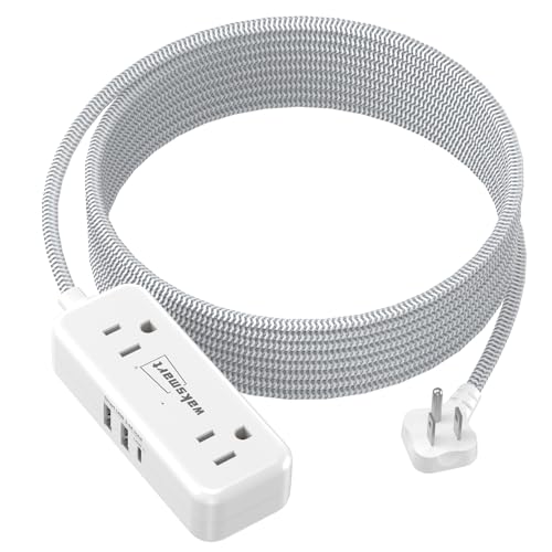 Flat Plug Extension Cord 20 FT with 4 AC Outlets 3 USB Ports (5V/3.4A 17W), 20Ft Long Braided Cord for Home Office College Dorm