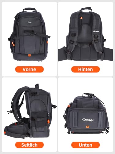 Rollei 20290 Fotoliner Fotorucksack M I großer Kamerarucksack I Daypack I inkl. Laptop-Fach, Regenschutz und Handgepäck tauglichen Maßen I Schwarz