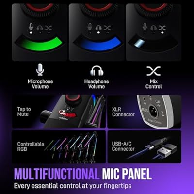 FIFINE Gaming Microphone Kit, XLR/USB Dynamic PC Microphone with Boom Arm for Podcast Recording, RGB Streaming Mic Set, Tap-to-Mute, Mix Control, Headphone Jack-AmpliGame AM8PROT