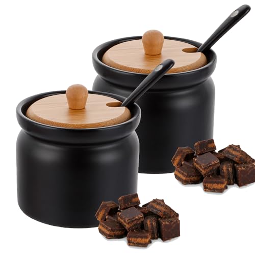 LDXDRU Lot de 2 sucriers avec couvercle et cuillère et couvercle en bois, environ 180 ml, en céramique, pour cuisine, salle à manger, café (ferreux)