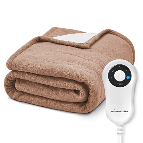 Warm Storm Heated Blanket Throw 50"X 60" Soft Polar Fleece & Sherpa Electric Blanket Throw With 5 Heat Settings 4 Hours Auto-Off Overheating Protection Heating Blanket For Couch Home Office Camel #TOP5