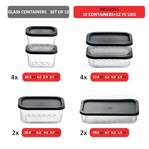EATEX 12 Pack Glass Meal Prep Containers with Grooved Base, 12 Stackable BPA Free Glass Storage Containers with Lids for Lunch, Pantry, and Kitchen - Microwave, Dishwasher Freezer & Oven Safe - Black by EATEX - Image 2