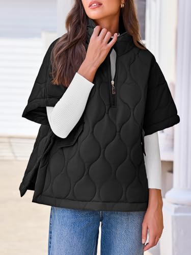 Fazortev Women's Puffer Poncho Pullover Quilted Jacket Short Sleeve Half Zipper Coat Cape Outerwear2