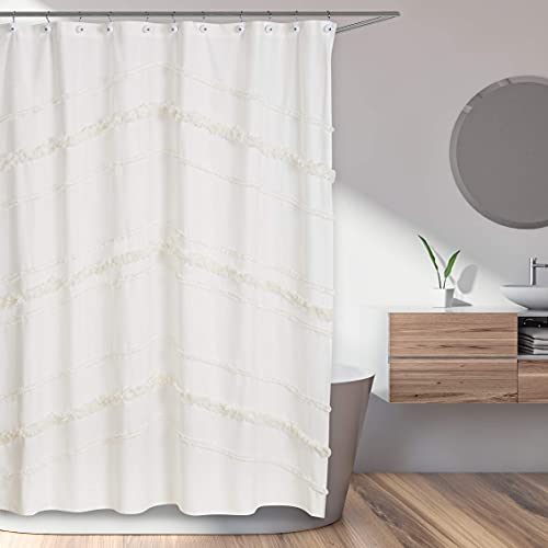 Sweet Jojo Designs Bohemian Boho Chic Ivory Macrame Tufted Tassel Decorative Bathroom Bath Shower Curtain Cream Textured Minimalist Off White Cotton Fringe Farmhouse Neutral Rustic 72X72 Room Decor #TOP1