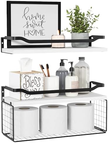 WOPITUES Floating Shelves with Wire Storage Basket, Bathroom Shel...