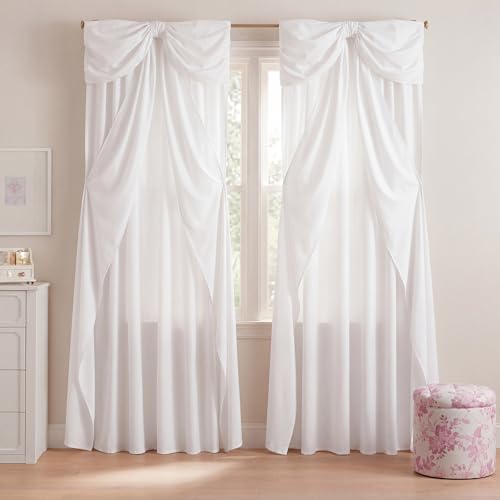 HunnmingRe Ivory Bow Curtains 52 W x 96 L for Coquette Girls Bedroom Light Filtering Sheer Curtains with Oversized Bow Top 2 Panels Princess Nursery Decor Ruffled Window Treatments for Living Room