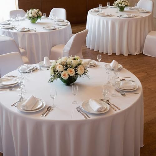 Image of HolidayIdeas 6 Pack Spandex Table Skirt for 60 Inch Round Tables, White Fitted Stretch Tablecloth for 5 Ft Wedding Tables, Wrinkle Resistant Ruffle Design for Banquets, Baby Showers, Parties