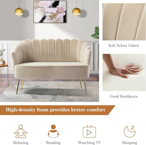 Image of Velvet 2 Seater Sofa Upholstered Loveseat Couch with Metal Legs Arm Backrest for Living Room Bedroom (Beige)
