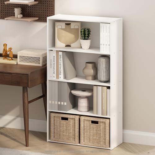 Image of Furinno Simple Book Shelf, 4-Tier Bookshelf, Bookcase with Open Shelf, 9.4 x 23.6 x 41.7, for Living Room, Bedroom, Home Office, White