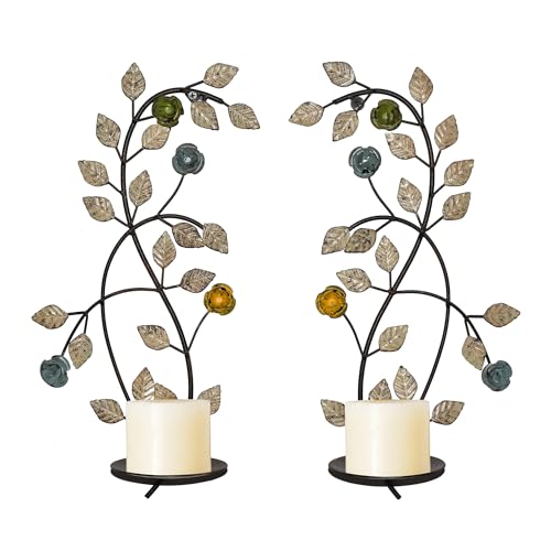 JUCONSIN Wall Sconces Candle Holder Set of 2, Antique White Leaf Flower Branch Wall Mount Hanging Metal Wall Candle Holder Candle Sconce for Living Room Dining Room