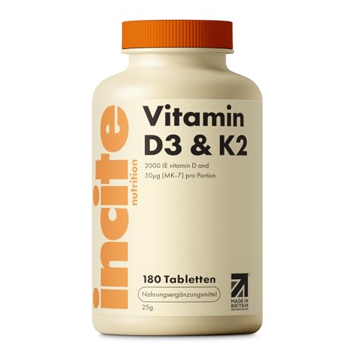 Incite Nutrition Vitamin D3 4000 IE + K2 (MK7) 100 µg – 180 hochdosierte Tabletten - Premium-Qualität – Vorrat für 23 Monate - Vitamin D3 und K2 – vegan – Hergestellt im Vereinigten Königreich