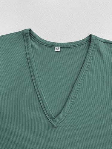 Image of Albe Rita Women Short Sleeve T-Shirt Cap V Neck Shirts for Women Ribbed Casual Top Knit Slim Fit for Summer